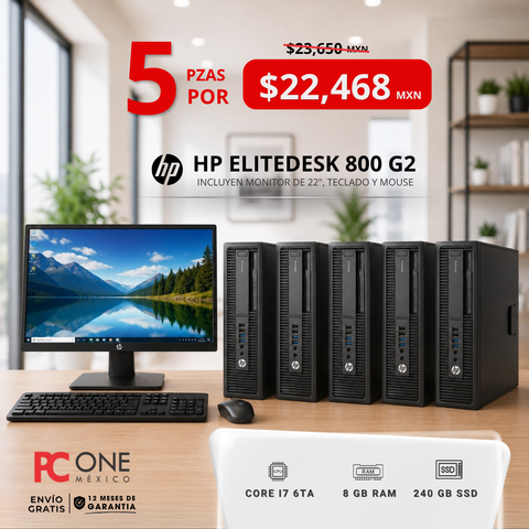 PAQUETE  5 PZAS - PC - HP ELITEDESK 800 G2 CORE I7 6TA 8 GB RAM, 240 GB SSD, MONITOR 22"