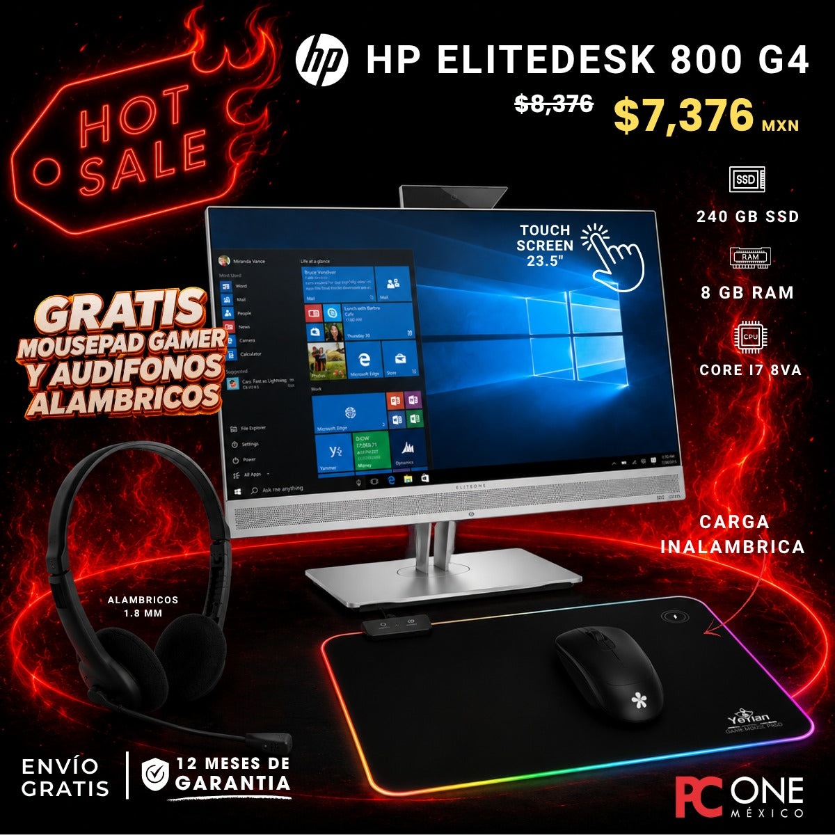 AIO - HP Elitedesk 800 G4 - Core i7 8va Gen, 8 GB RAM, 240 GB SSD, 23.5" TOUCH + REGALOS