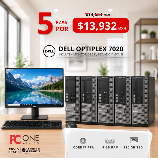 PAQUETE -  5 Equipos PC - Dell Optiplex 7020 SFF, Core i7 4ta Gen, 8 GB RAM, 120 GB SSD, MONITOR 22"