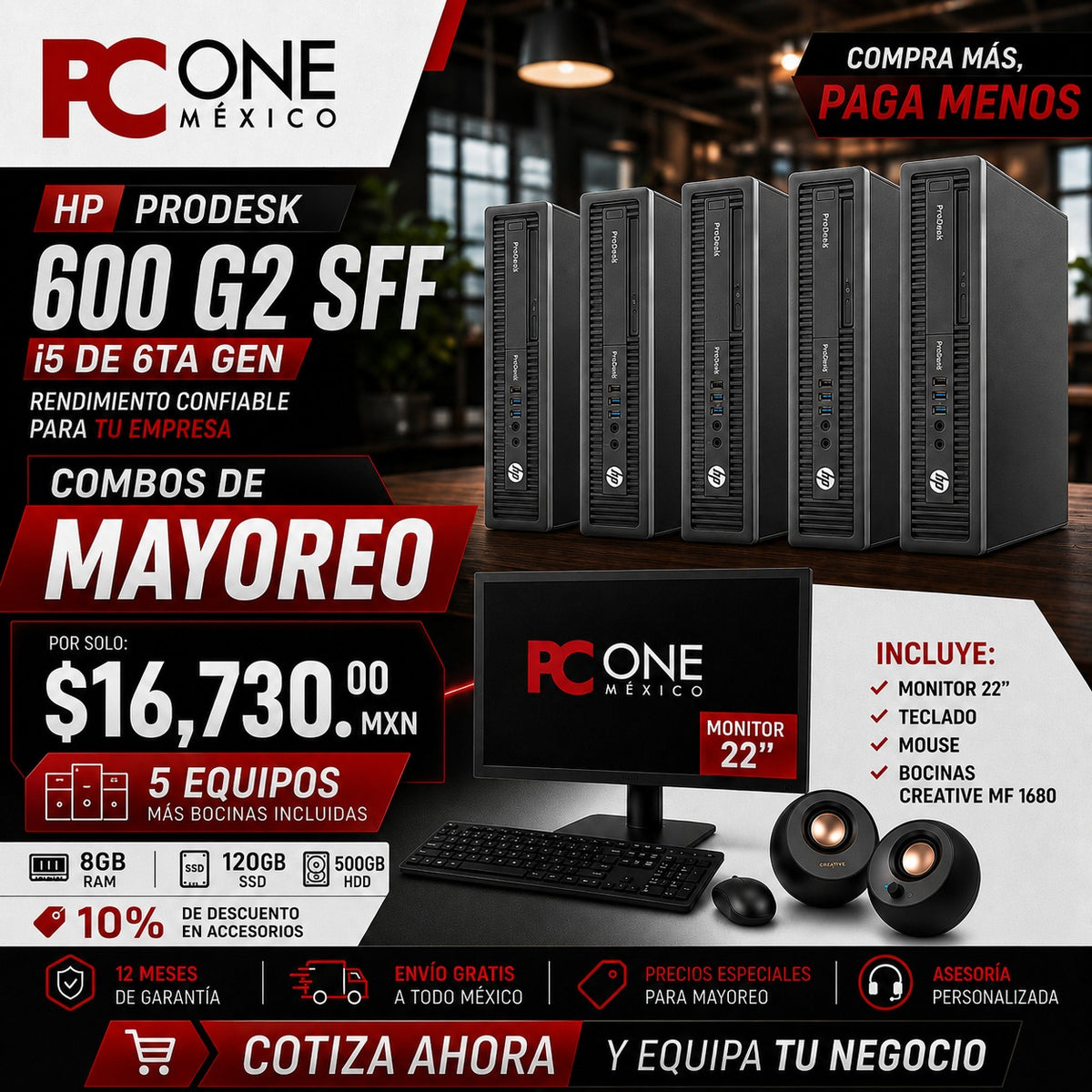 5 PZS - HP PRODESK 600 G2 SFF - CORE i5 6ta Gen, 8GB RAM, 120GB SSD + 500GB HDD