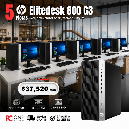 PAQUETE 5 EQUIPOS - HP ELITEDESK 800 G3 TORRE - CORE I7 7MA GEN, 8 GB RAM, 240 GB SSD