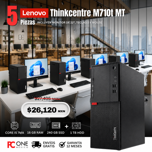 PAQUETE 5 EQUIPOS - LENOVO THINKCENTRE M710T MT- CORE I5 7MA GEN, 16 GB RAM, 240 GB SSD + 1 TB HDD